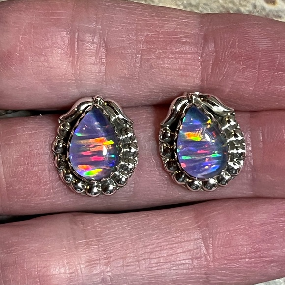 Sterling Silver Southwestern Style Stud Earrings With Colorful Cabochon - Picture 3 of 15